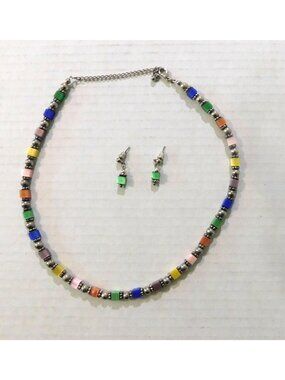 Colorful Square Beaded Necklace Pierced Earrings Set 16-20" Extender Multicolor